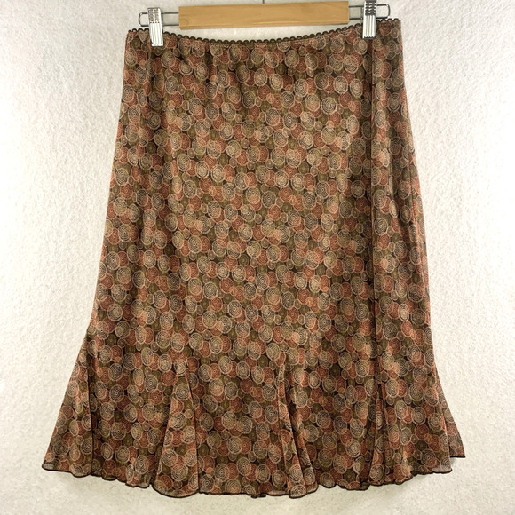 Connected Dresses & Skirts - Womens Geometric Flounce Midi‎ Skirt Sz LP Brown Y2K Boho Office Chiffon Fairy